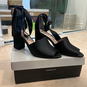 Black Satin Ballerina Tie Up Chunky Heels